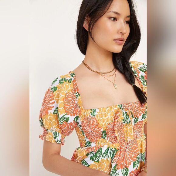 NWOT Faithfull The Brand Linen Mini Dress Size 4 Small Floral Puff Short Spring - Picture 2 of 9